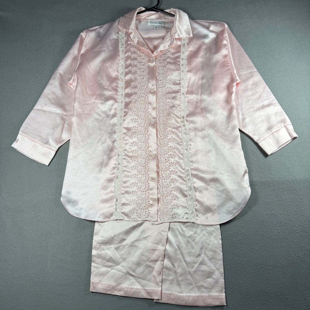 Christian Dior Saks Fifth Avenue Pink Satin Pajama Set Lace Trim Made in USA L